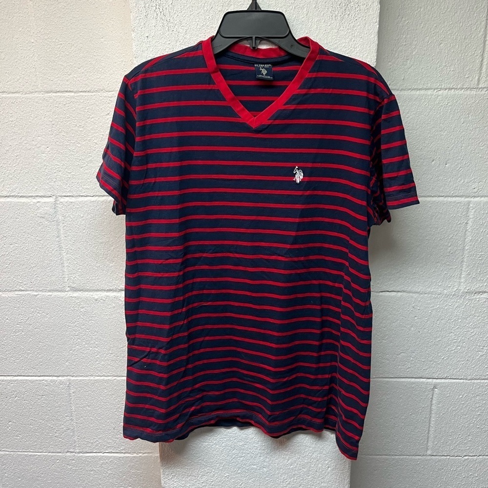 U.S. Polo Assn. Red and Black Striped V-Neck Tee. Large